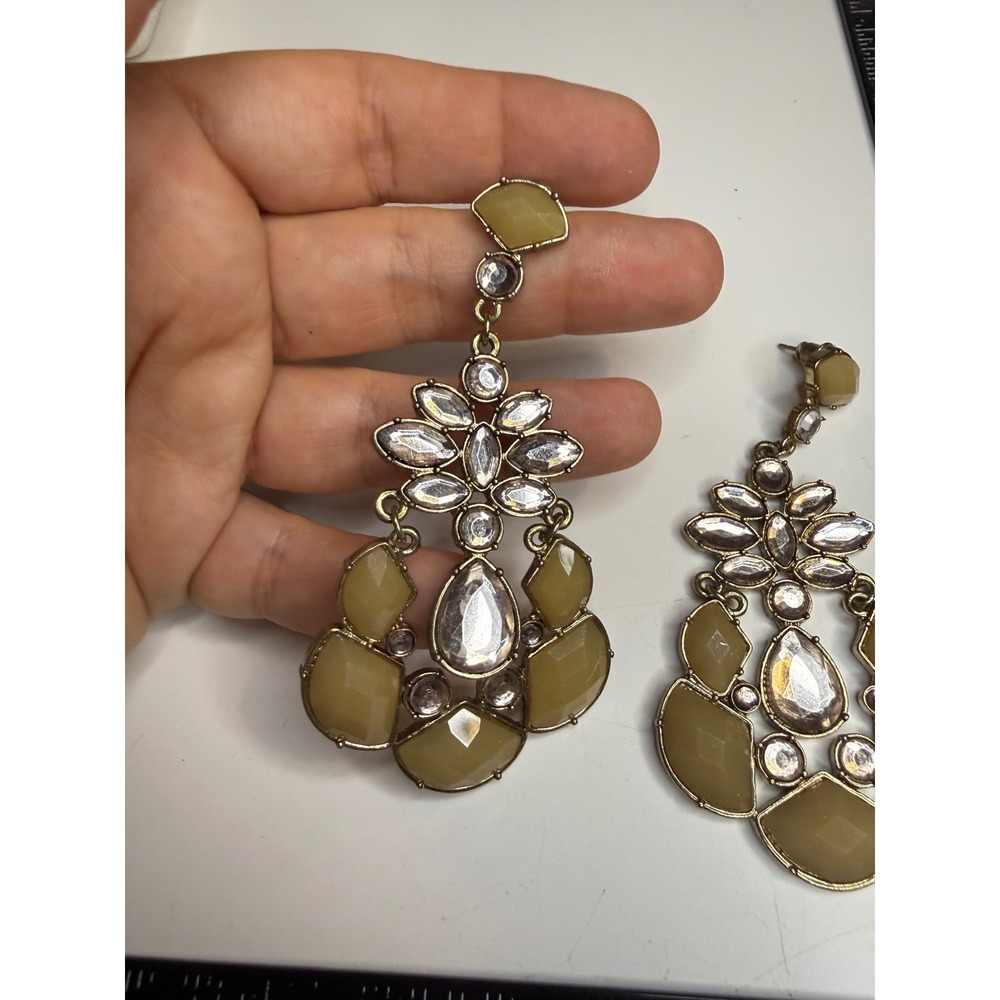 Gold Tone Chandelier Drop Earrings Champagne Olive Green Resin Stone Statement